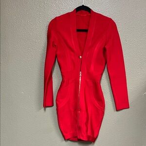 Red Long Sleeve Zipper Dress